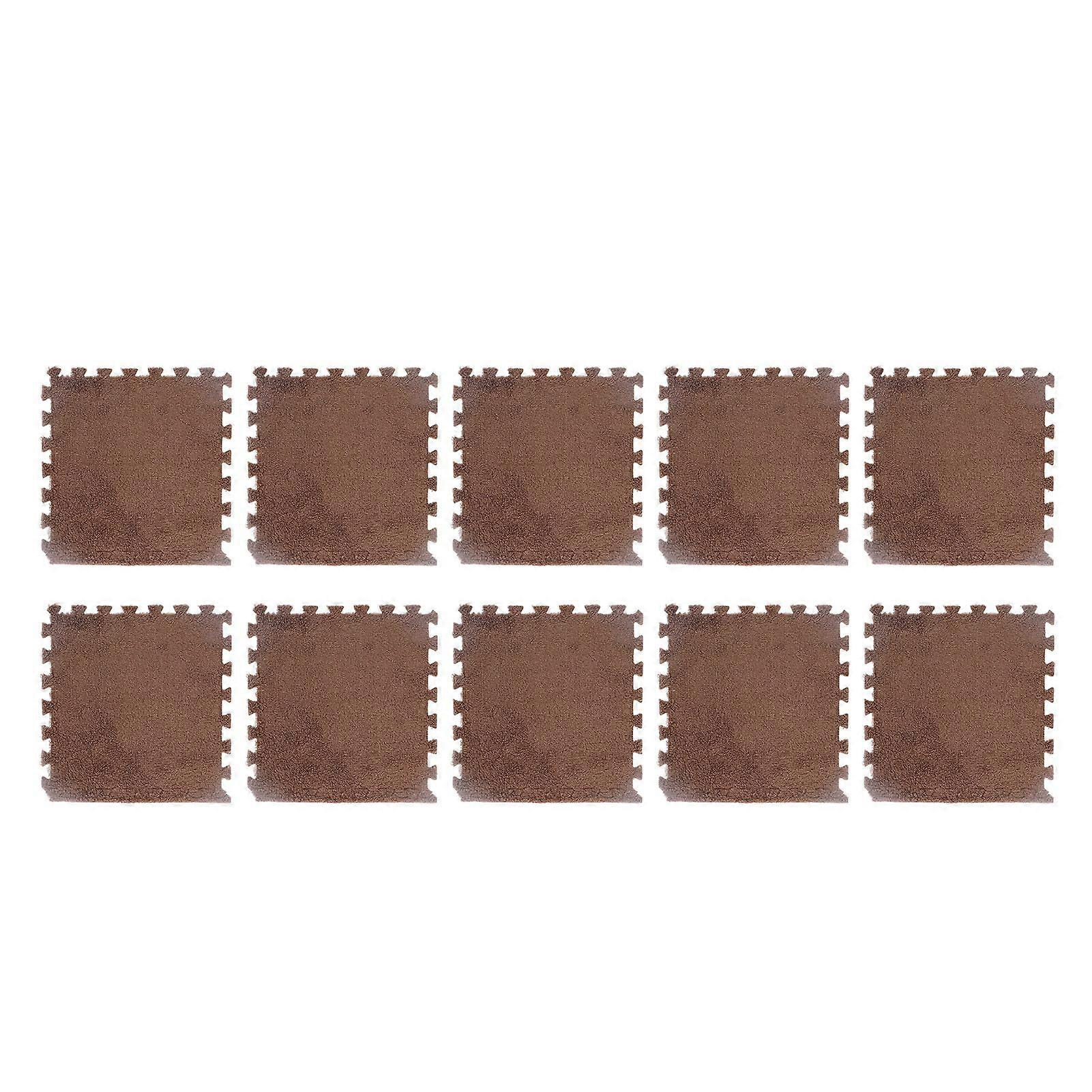 10pcs Plush Foam Floor Mat Prevent Slip Cuttable Thickened Interlocking Carpet Tiles for Bedroom Brown