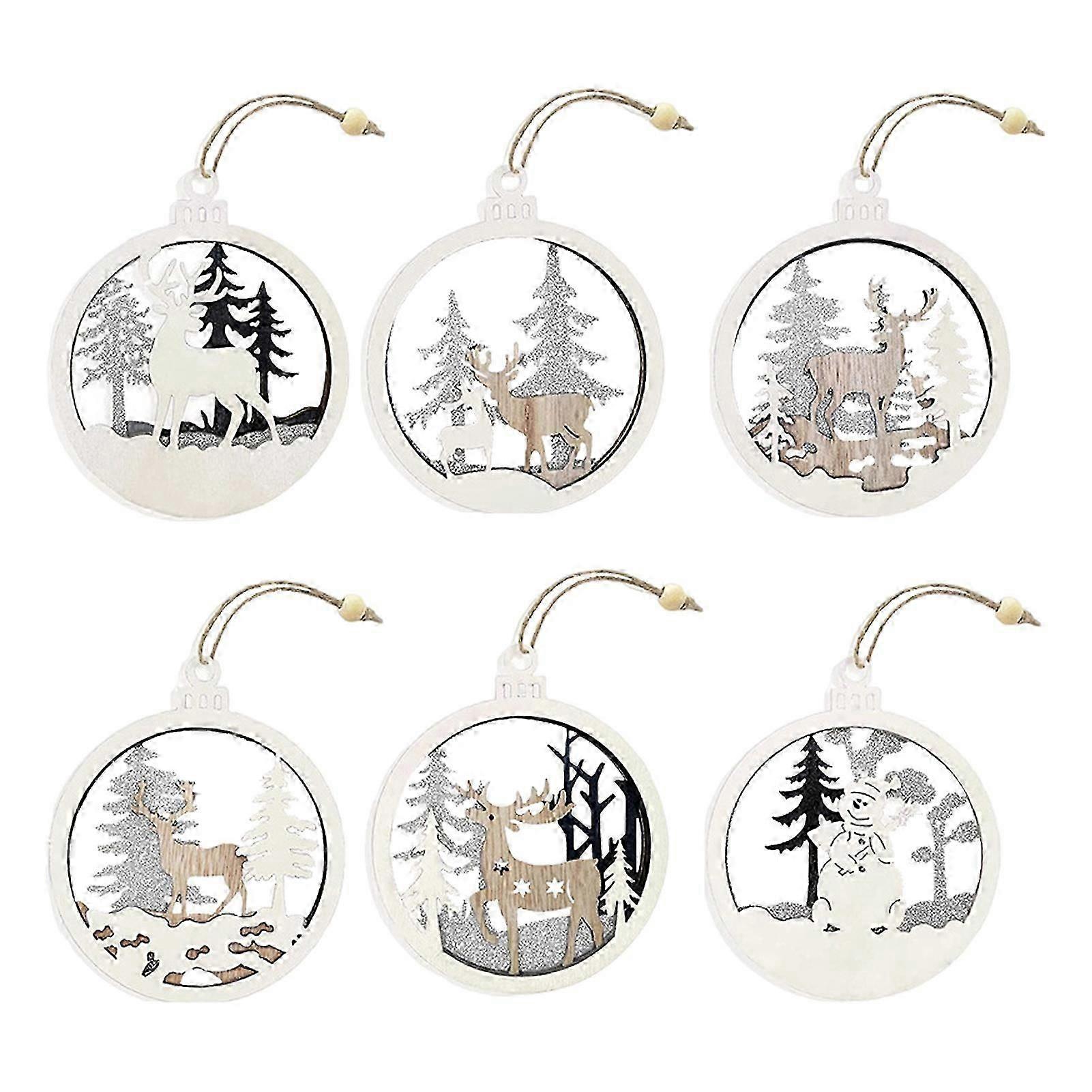 6Pcs Christmas Decorations Wooden Reindeer Snowman Tree Ornaments 3D Round Hollow Hanging Pendant for Holiday Farmhouse Tree Decor