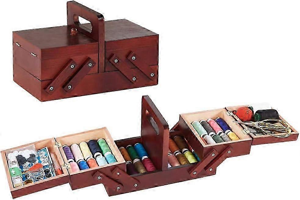 Kit de couture, plus de 130 fournitures de couture Premium, boîte à couture classique avec 5 compartiments, boîte à couture en bois