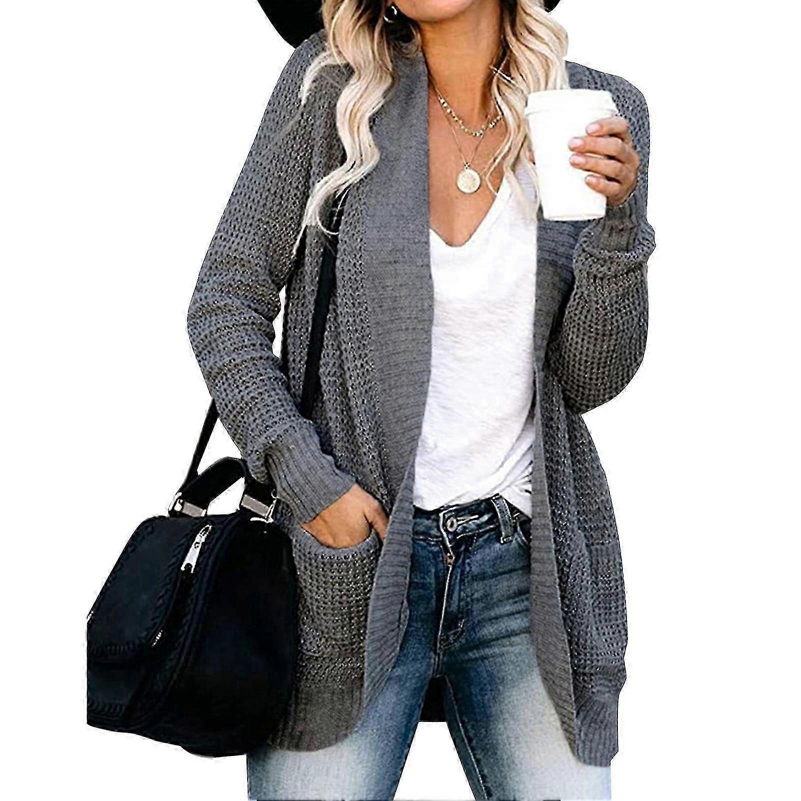 Open Front Cardigan Sweater with Button Down and Pockets: Mid-length Solid Color Design for Casual Wear