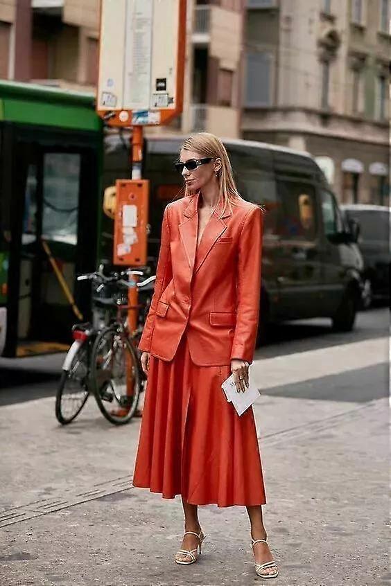 AL KHALID Dames Feest Stijlvol Draag Blazer met Knopen Oranje Leer Echt Lamsleer Echt