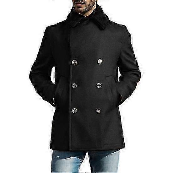 Men Woolen Coat Lapel Long Sleeve Double-Breasted Jacket Coat with Plush Edges Solid Color Pockets Winter Overcoat