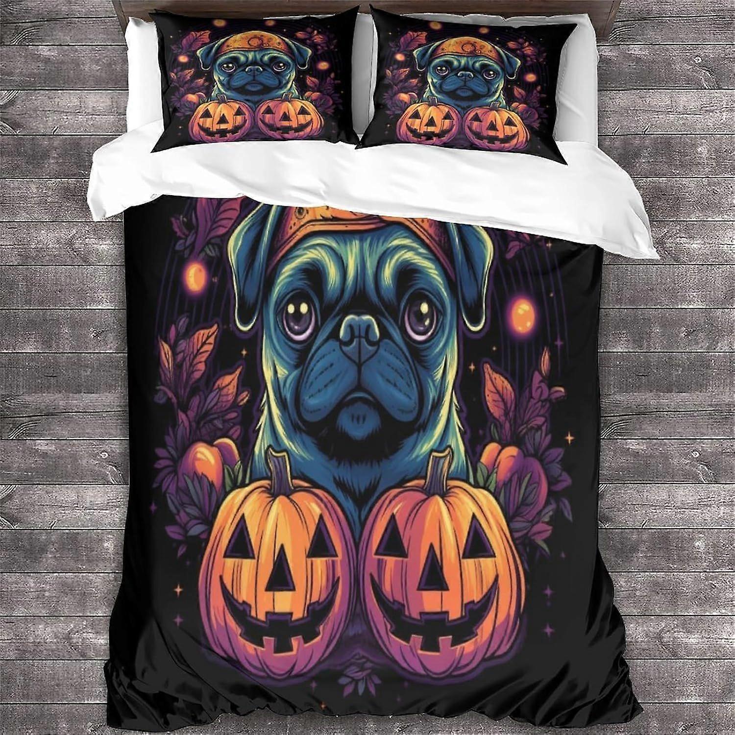 LikeEj Hundsängkläder Halloween Påslakan 3D Djurtryck Sängkläder Täckeöverdrag för Tonåringar Mikrofiber 3-Delat Påslakan Dekorerad King