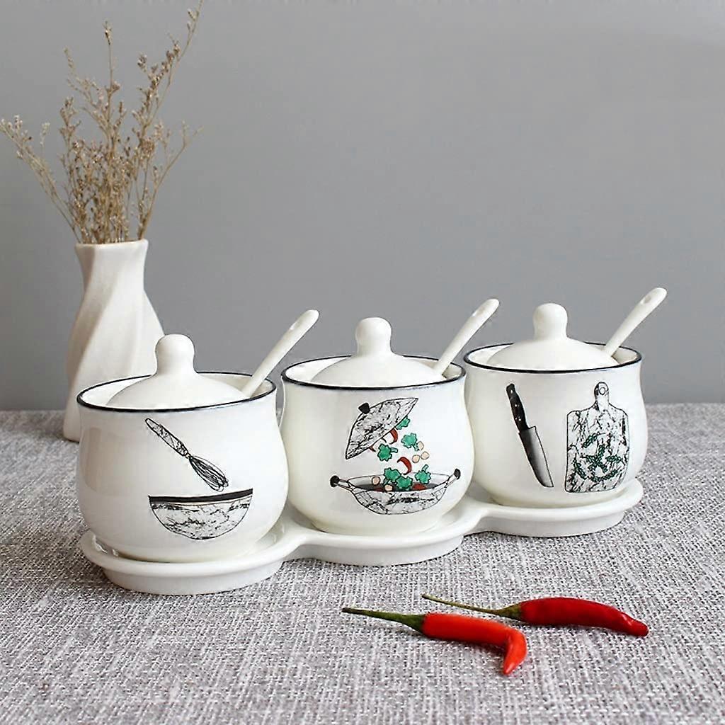 Ceramic Spice Jar Set with Tray and Spoons, Freshness Lids, Kitchen Countertop Condiment Storage