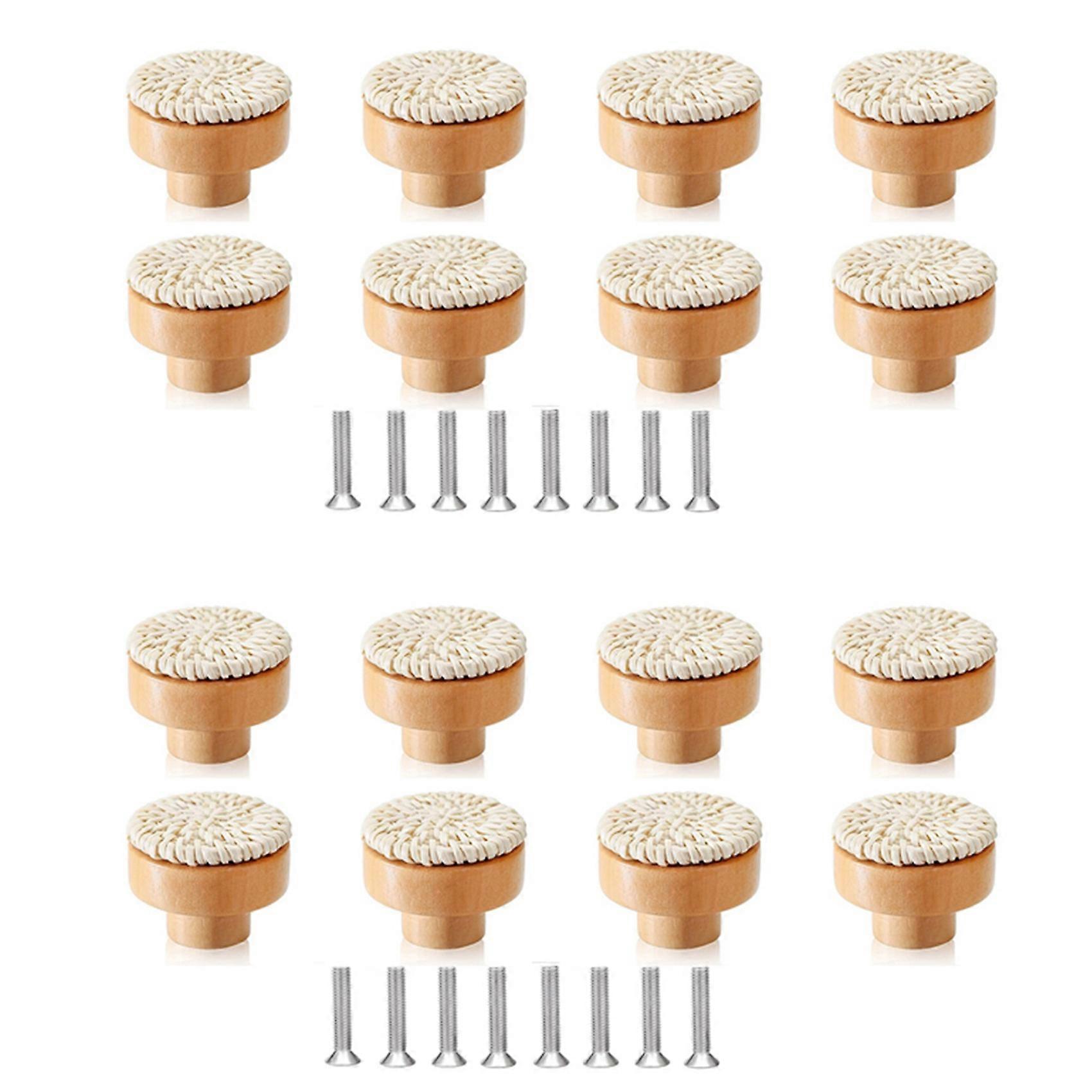 16PCS Boho Rattan Dresser Knobs Wood Drawer Knobs Handmade Woven Wicker Knobs Pull Handle for Cabinet Home Decor