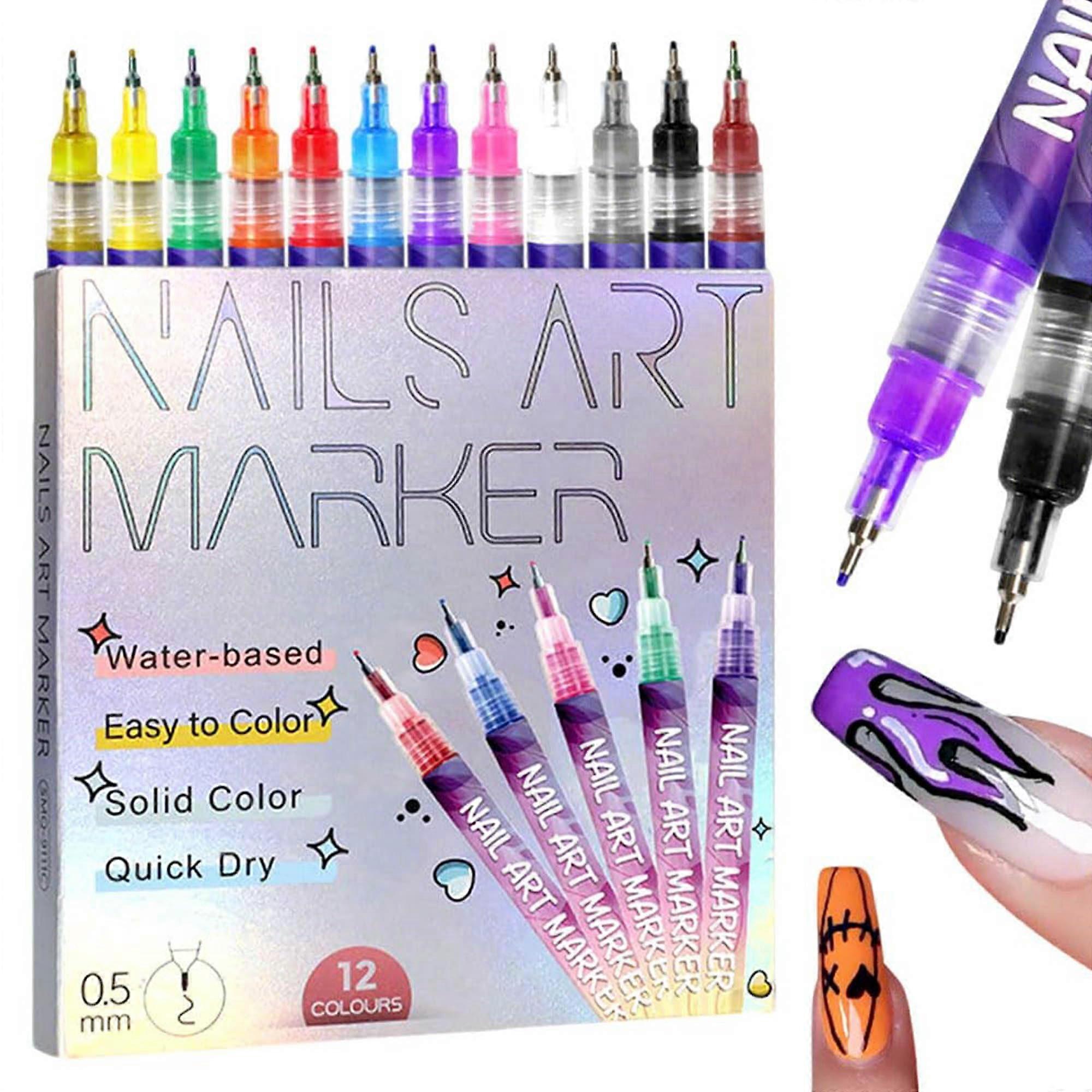 12 Colors Nail Art Pens Set with Precision Fine Tip, Quick Dry Markers for DIY Detailed Nail Designs