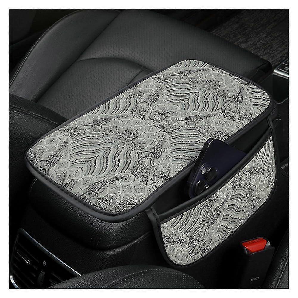 Car Armrest Cover with Large Storage Pockets, Embroidered Center Console Protector, Universal Black