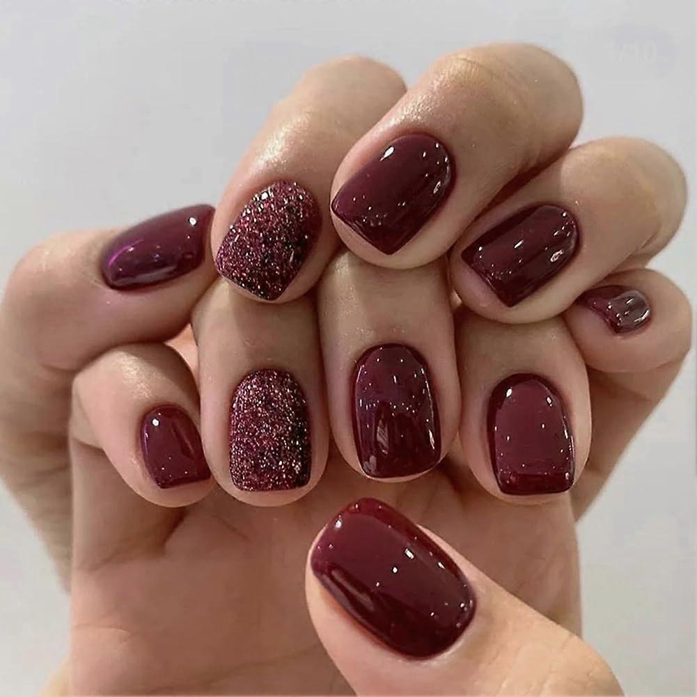Christmas Short Square Press On Nails Wine Red Glossy Fake Nails Kit with Multiple Size Options