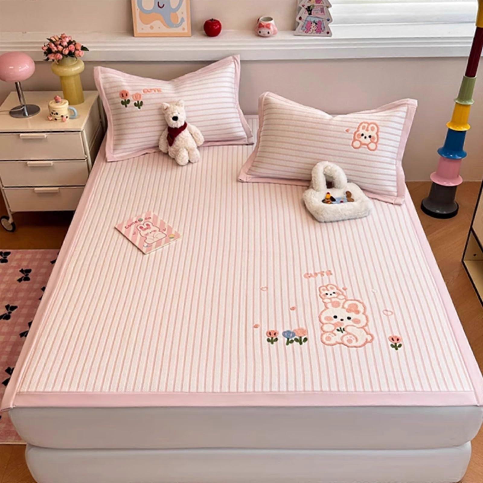 Cooling Mattress Pad Foldable Rattan Breathable Mat with Instant Cooling Relief for Home Dorm Pink Bunny 180x200cm