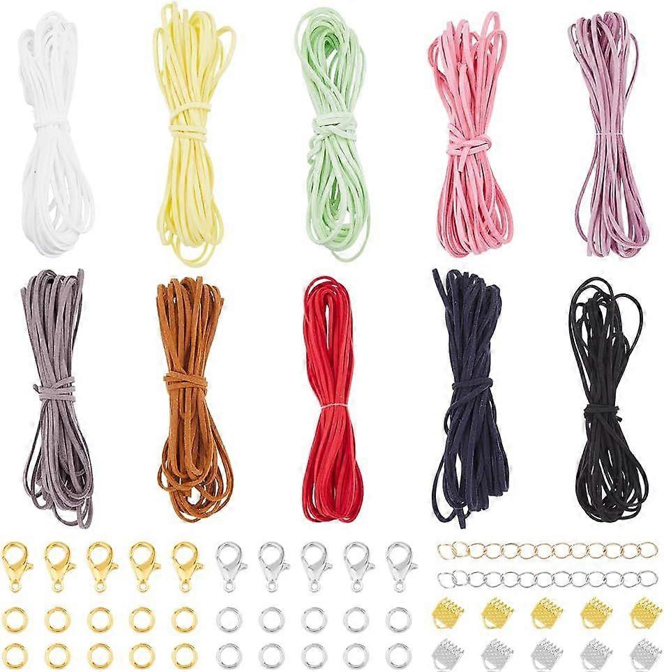 10 Strands Flat Suede Cord 10Pcs Curb Chain Extender 20Pcs Ribbon Crimp Ends 10Pcs Lobster Claw Clasp Open Jump Rings for DIY Jewelry Making Finding K