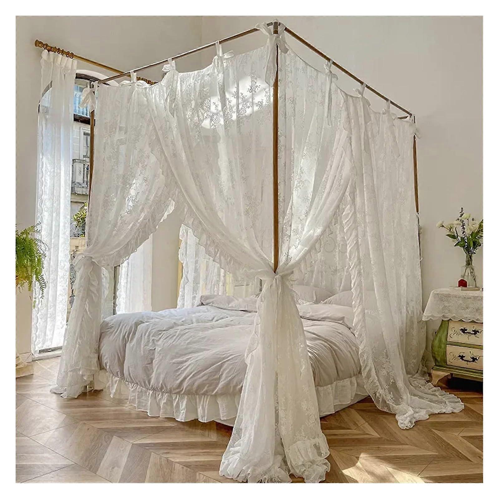 White Lace Canopy Bed Curtains Netting for Girls King Size Bed, Breathable Mesh, Easy Install