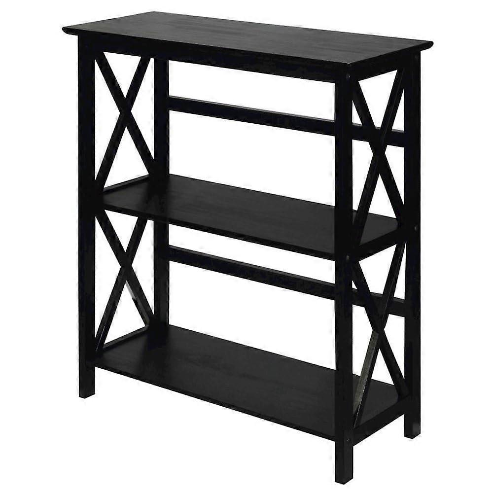 Black Wooden 3 Tier Bookcase with Solid Wood X Design, Space Saving Shelf Unit for Home Storage