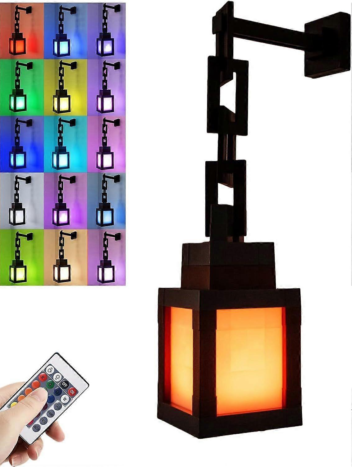 Pixelated Lantern Night Light, 16 Colors Rechargeable LED Lamp with Remote, Retro Pixel Style Table/Wall Light for Bedroom Gaming Decor