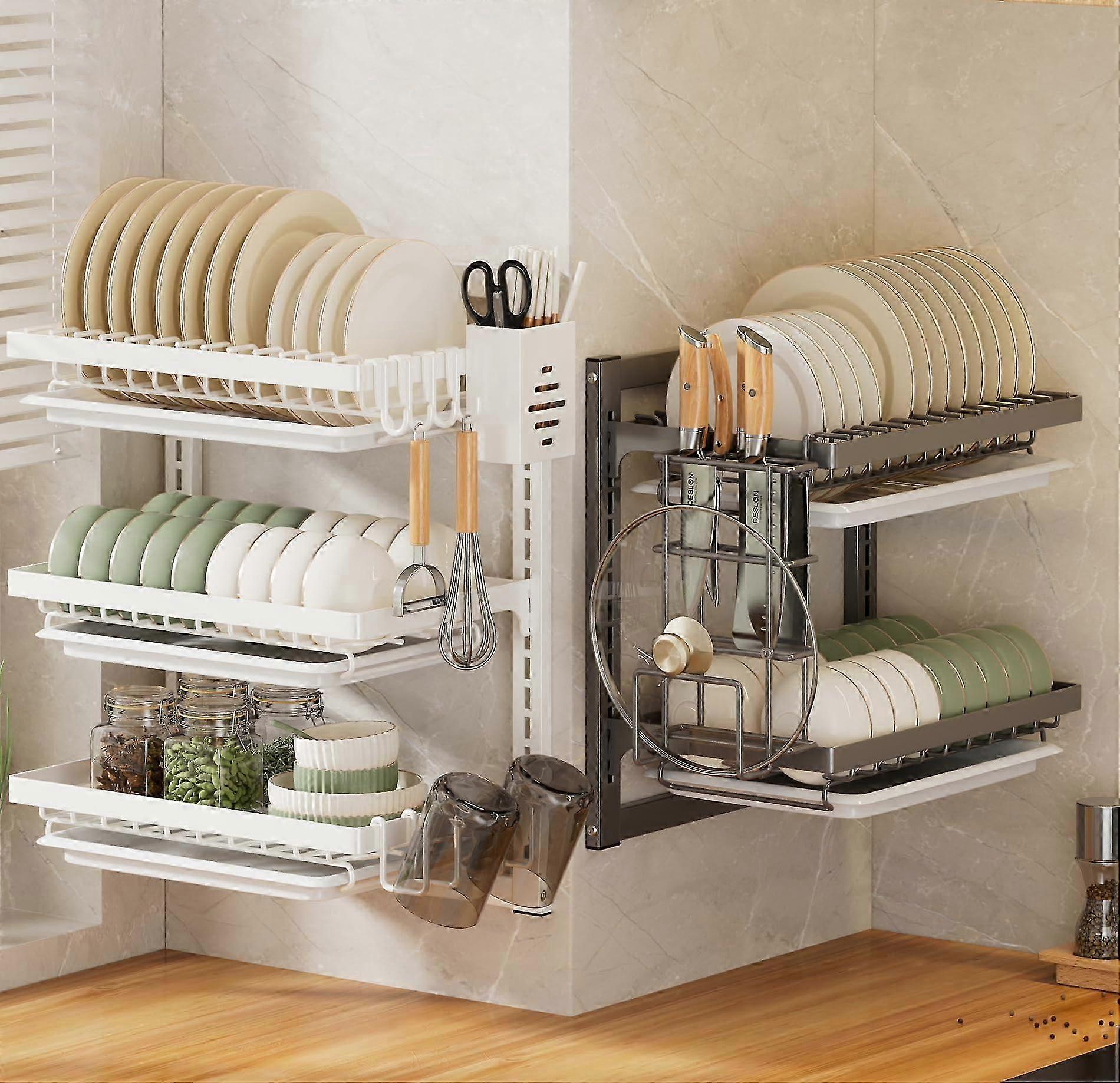 Wall Mounted Dish Drying Rack with Adjustable Levels, Knife Holder, Hooks, 15.9" Width, Easy Adhesive Installation, White