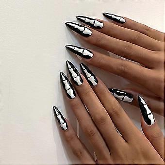 Halloween Press On Nails Medium Almond Glossy Skull and Bones Fake Nails Reusable GlueOn Design