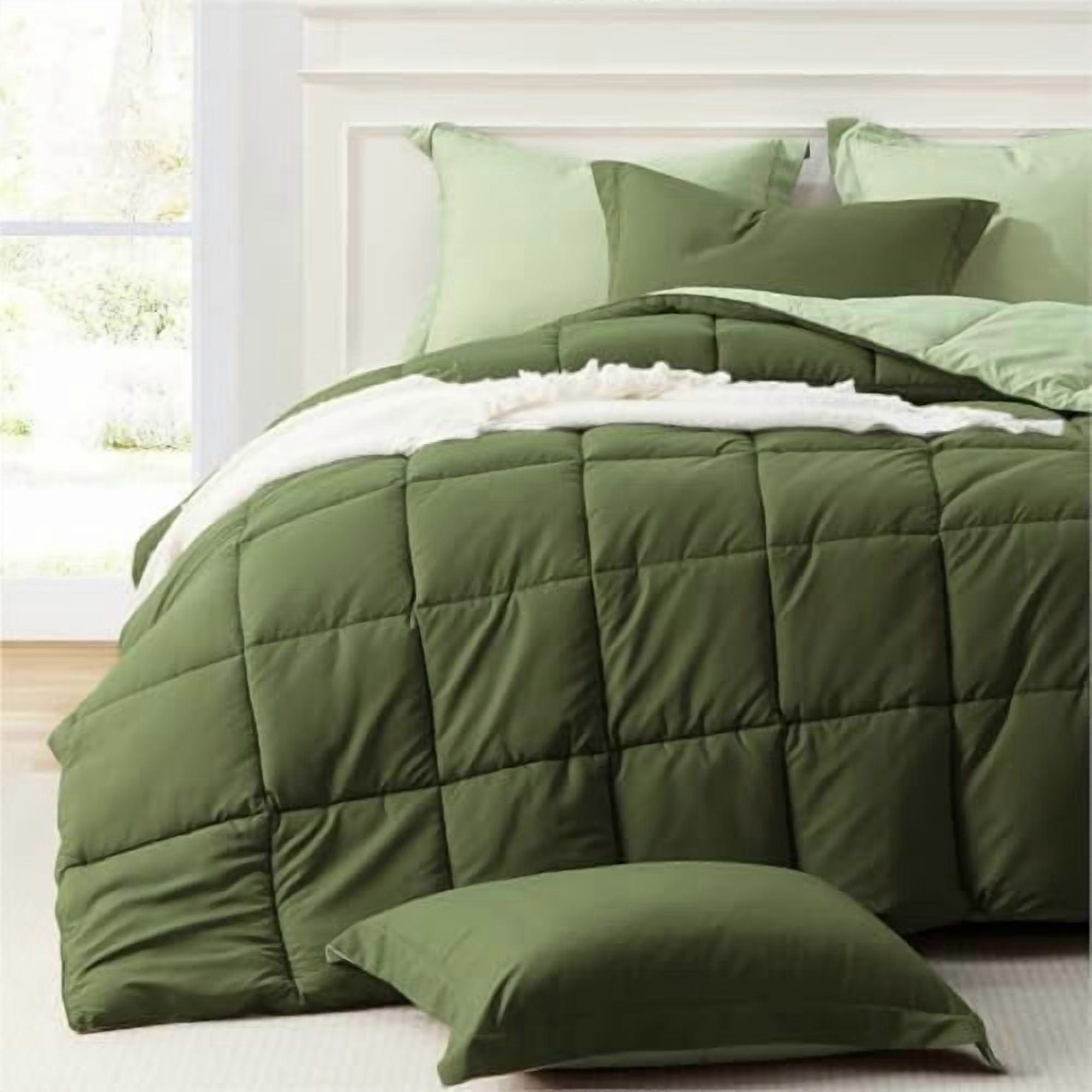 Olive Green Queen Comforter Set, 3-Pc Lightweight Down Alternative, Compatible with Queen Beds