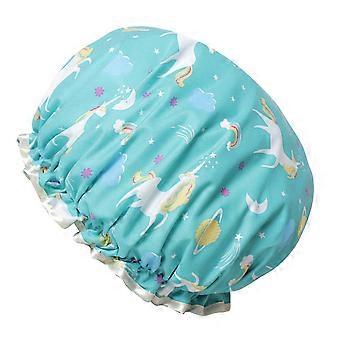 Cartoon Bath Hat Double Layer Shower Hat Waterproof Shower Oliproof Kitchen Hat (Blue Unicorn)