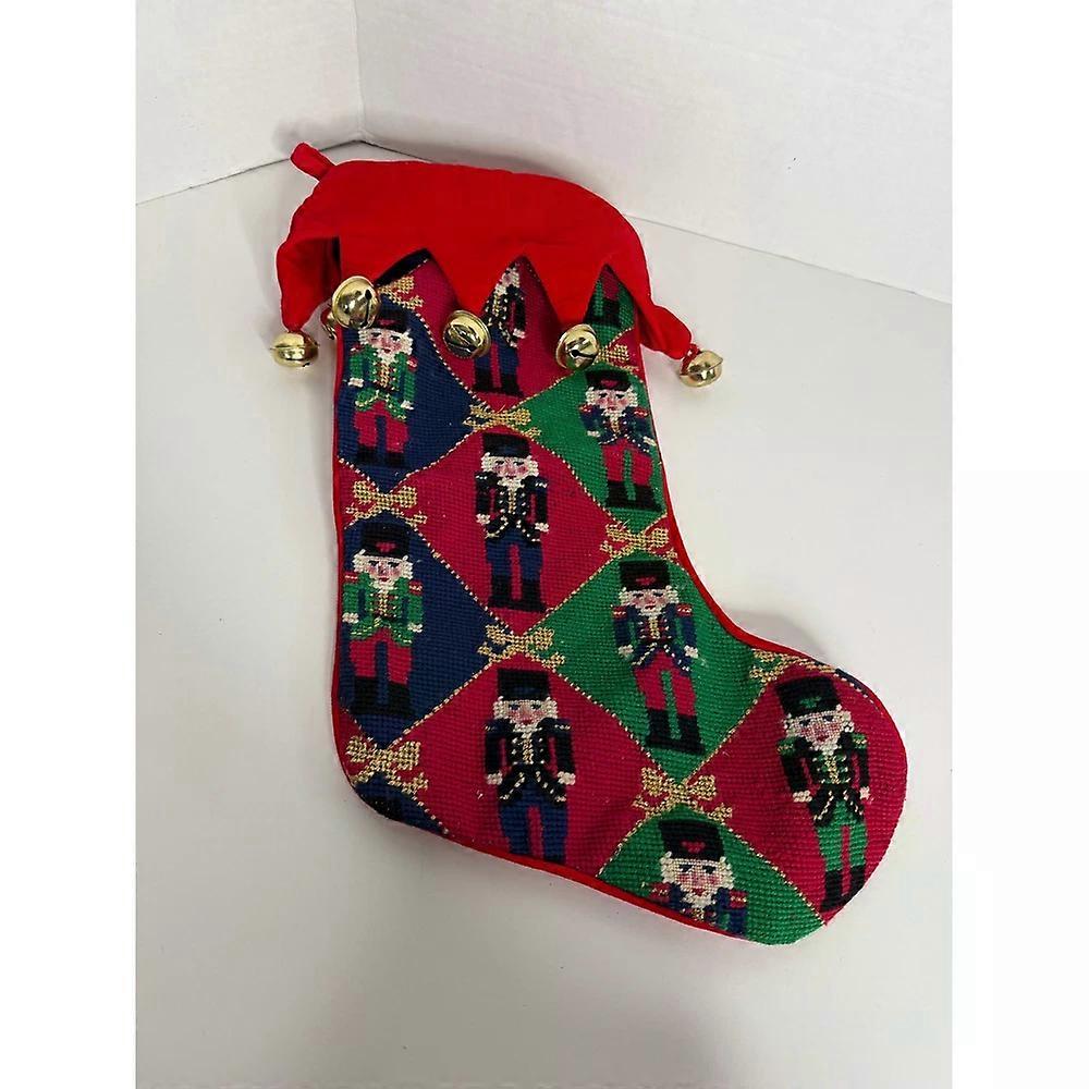 Wool needlepoint Christmas stocking nutcracker pattern jingle bells