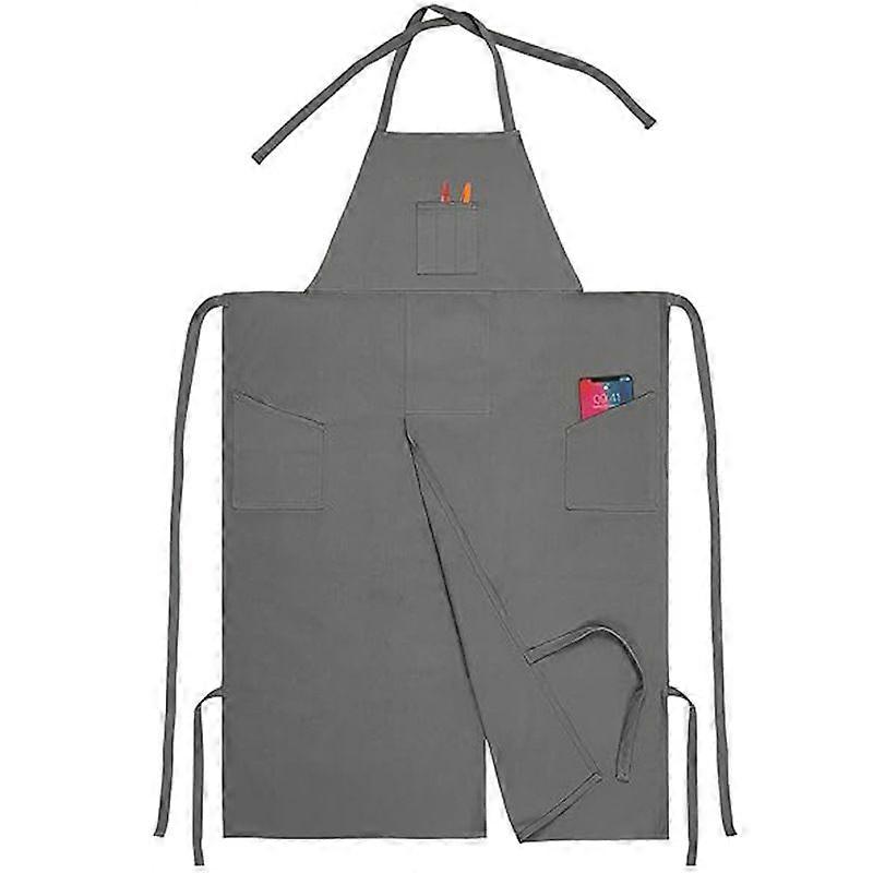Long Split Leg Apron in Canvas with Adjustable Neck Strap and Three Utility Pockets