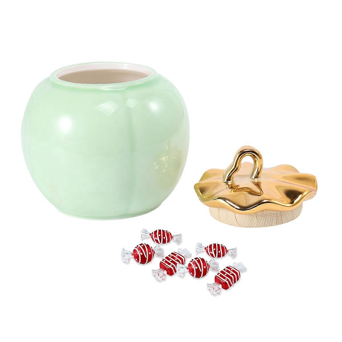 Green Ceramic Can Pumpkin Shape Tea Can for Storage Use 2Pcs Canisters