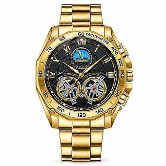 Men's Dual Tourbillon Gold Watch Black Dial Hollow Quartz Multifunction Luminous Waterproof JY