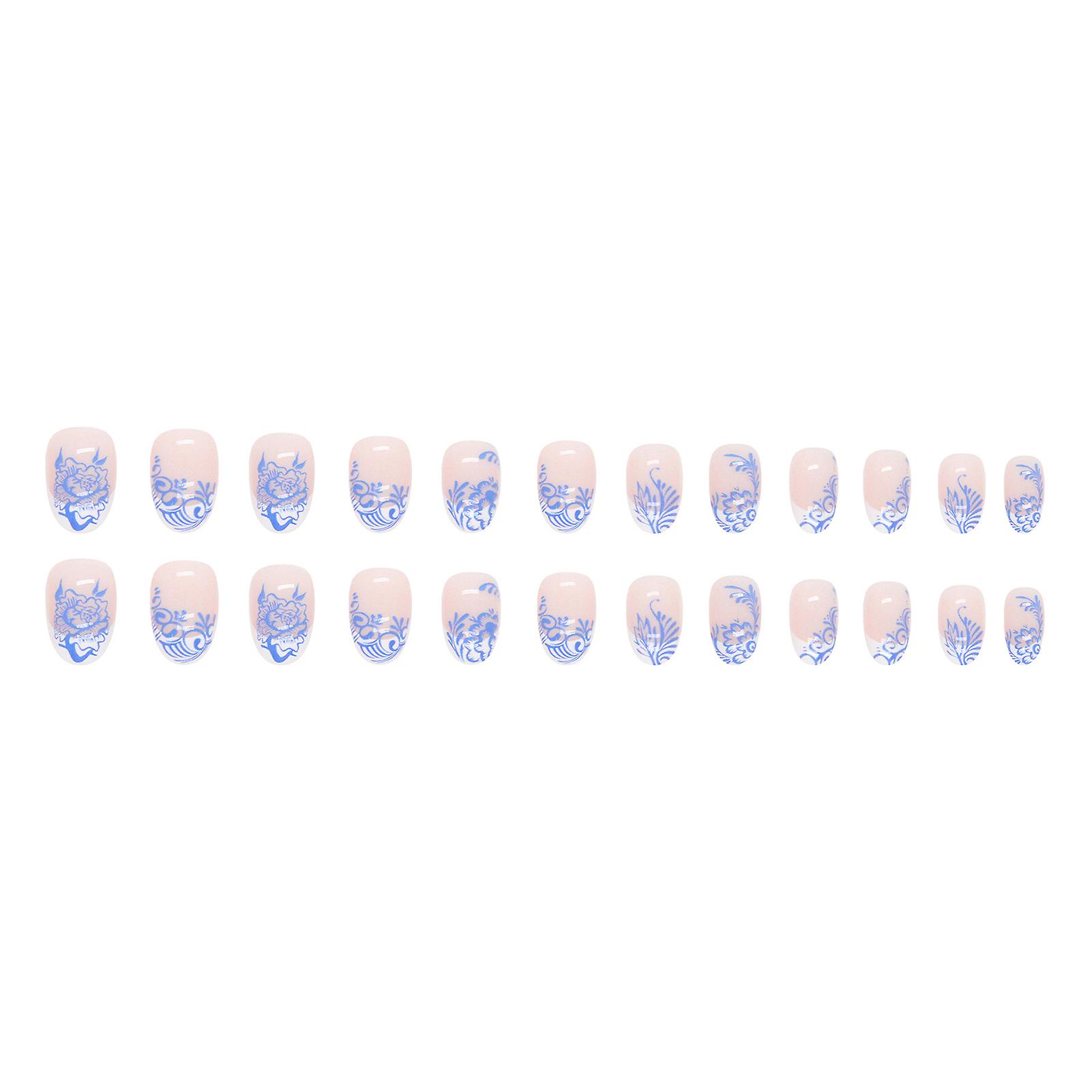 White Edge Decor Blue And White Porcelain False Nails Easy To Apply Simple To Peel Off Nails