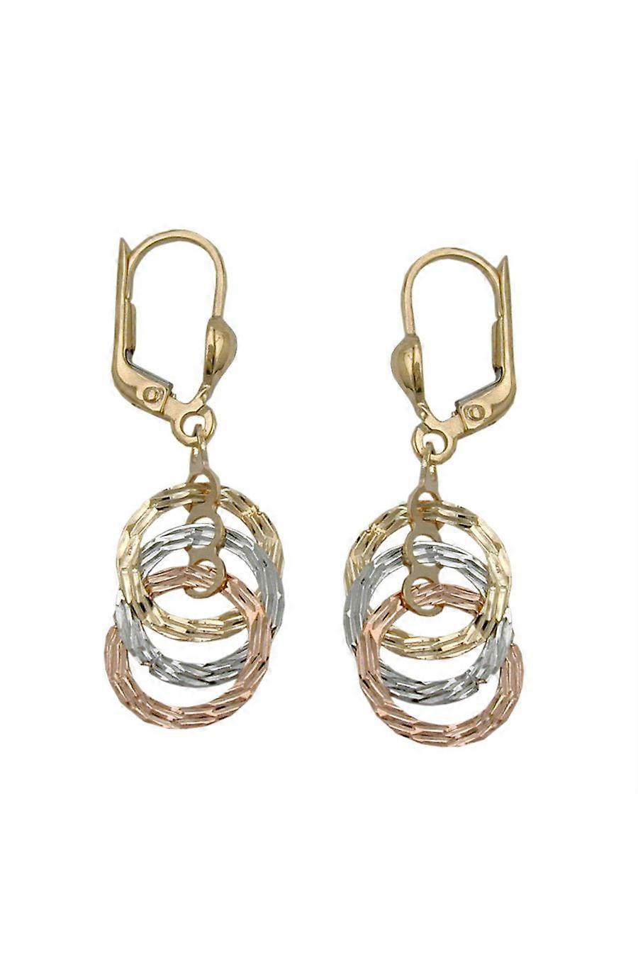 Leverback Earrings 34x10mm With 3 Hanging Circles Tricolor Diamond Cut 9k Gold - Gl431238