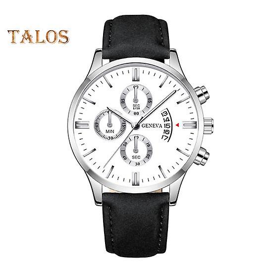 Men Quartz Watch Round Dial Calendar Display Faux Leather Strap Three-eye No Delay Time-checking High Accuracy Daily Wristwatch Formal Business
