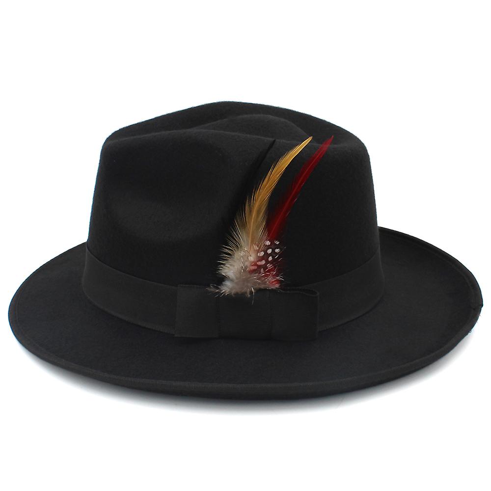 Retro Unisex Wool Fedora Derby Trilby Hat Bowknot Ribbon Pheasant Feathers Band Bowler C Crown Teardrop Shape Cap (one Size 58cm