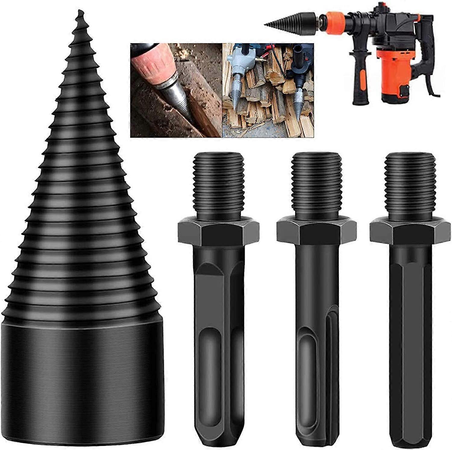 Broca de divisor de madeira de lenha, 3pcs Cones removíveis acendendo madeira dividindo troncos Bits Heavy Duty Furções Elétricas Parafuso Cone Driver Hex + Square + Rou