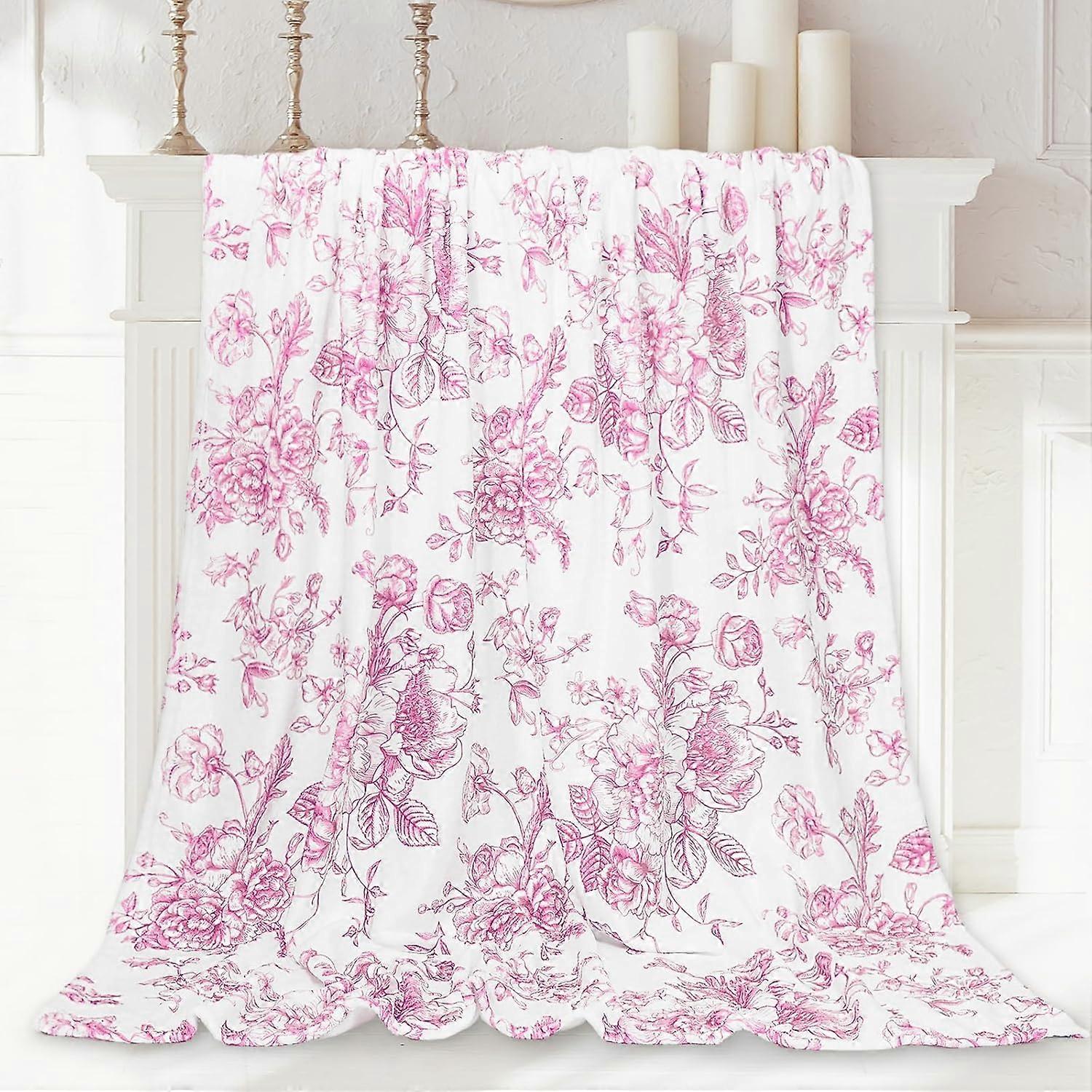 Floral Fuzzy Blanket Pink Flowers Throw Blanket Decorative Soft Cozy Flannel Blanket for Home Bed Sofa Couch Chair, 50 x 60 Inch