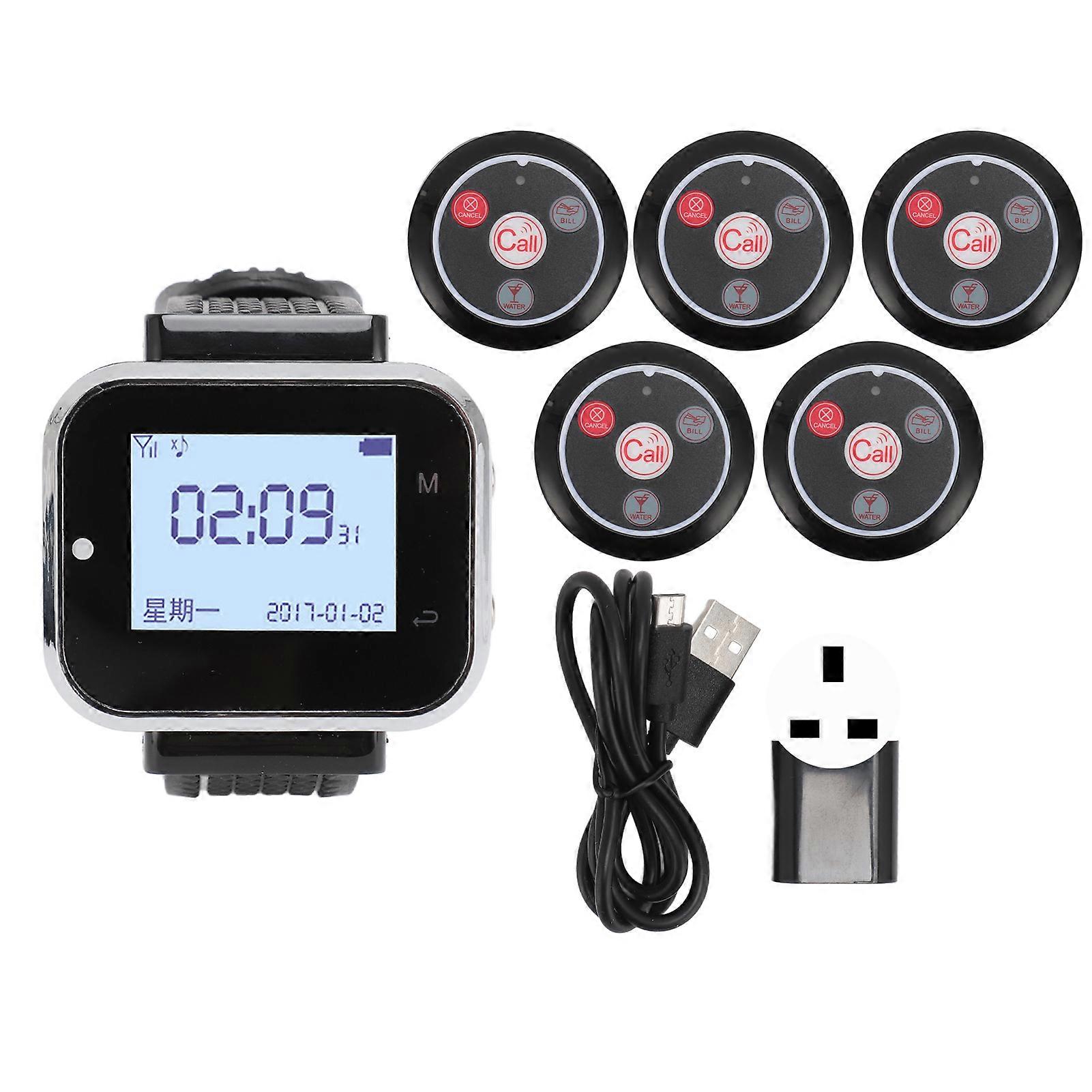 Sistema di cercapersone di chiamata wireless 1 ricevitore orologio ricaricabile 5 cercapersone per ristorante ospedale ufficio 100240V spina UK