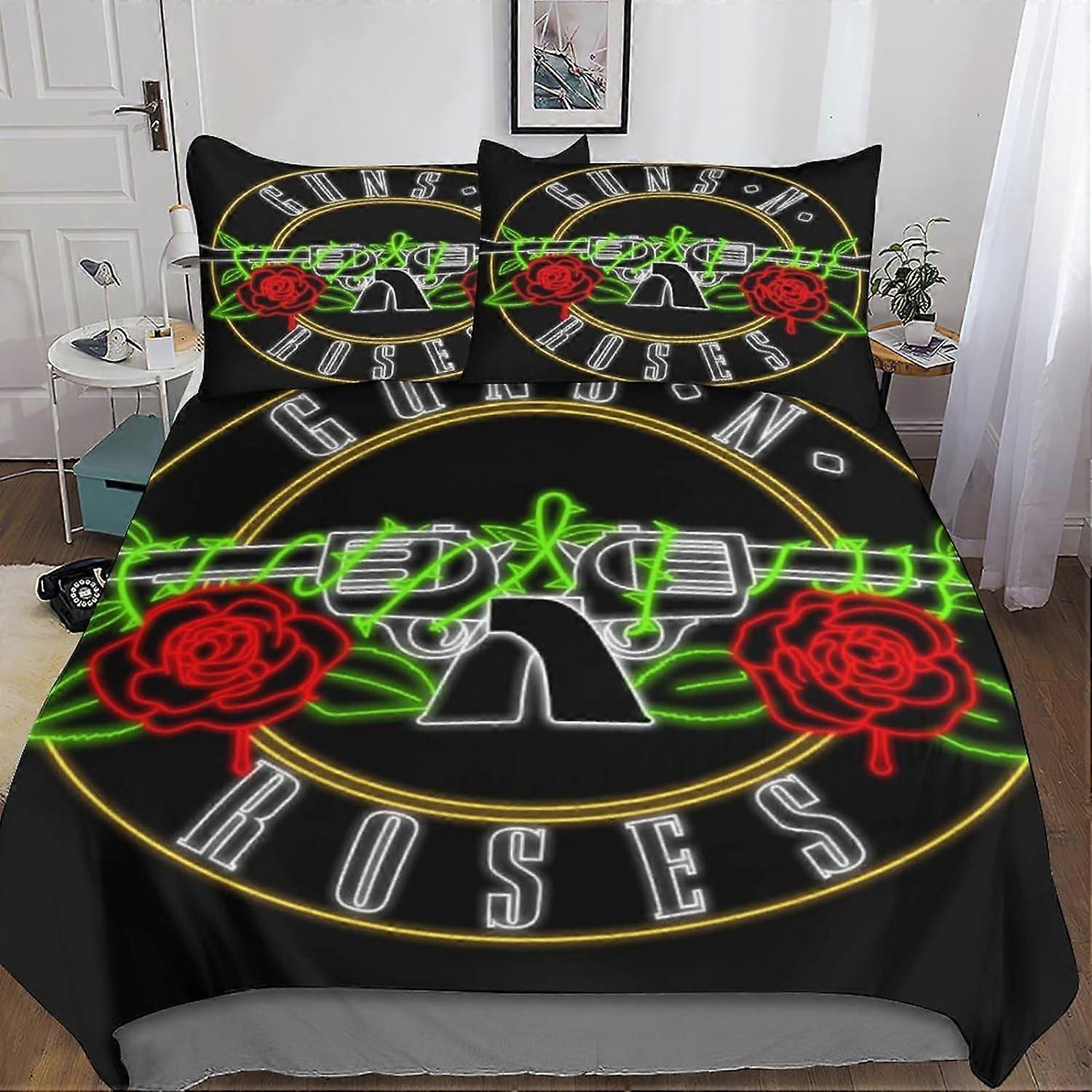 Gun and Rose 3 Piece Bedding Set with 3D Skull Duvet Cover - Microfiber Bedding Set with Double Zipper Closure