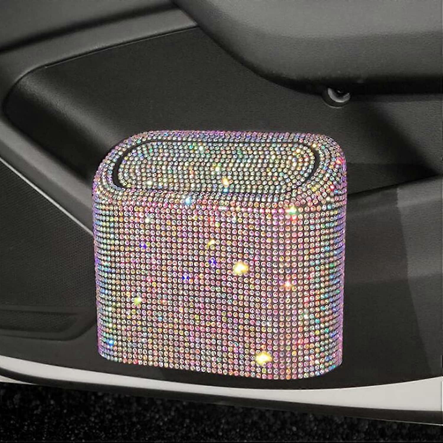 Bling Rhinestone Car Trash Can With Lid, Mini Crystal Hanging Auto Garbage Can, Vehicle Plastic Trash Bin