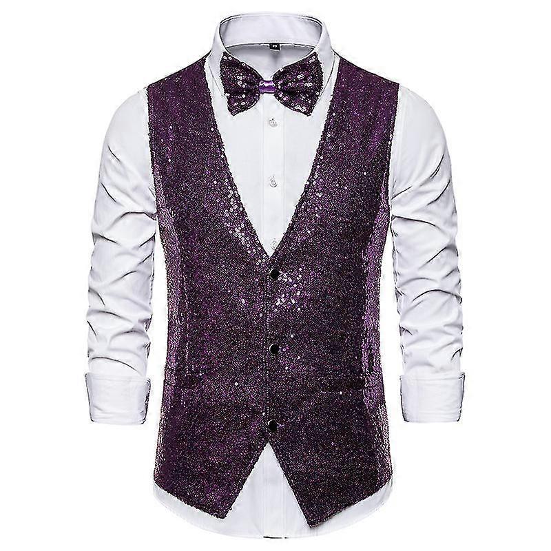 Herren Paillettenweste Shiny Anzug Weste V-Ausschnitt Party Kleid Weste mit Fliege