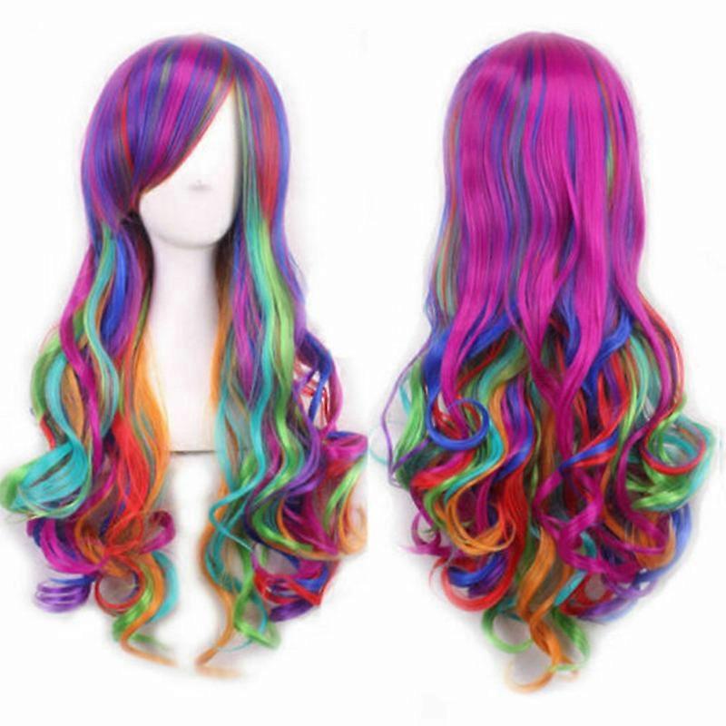 Rainbow Wig Long Curly Wig Multi-Color Wig Charming Full Wigs for Cosplay Girls Party or Daily Use Wig Cap Included