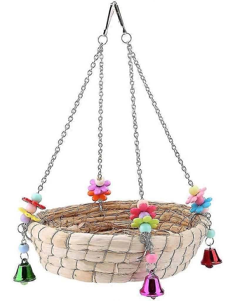 Bird's Nest Bed Straw Nest Natural Hand-woven Straw Nest Bed Swing Toy With 4 Metal Bells Toys For