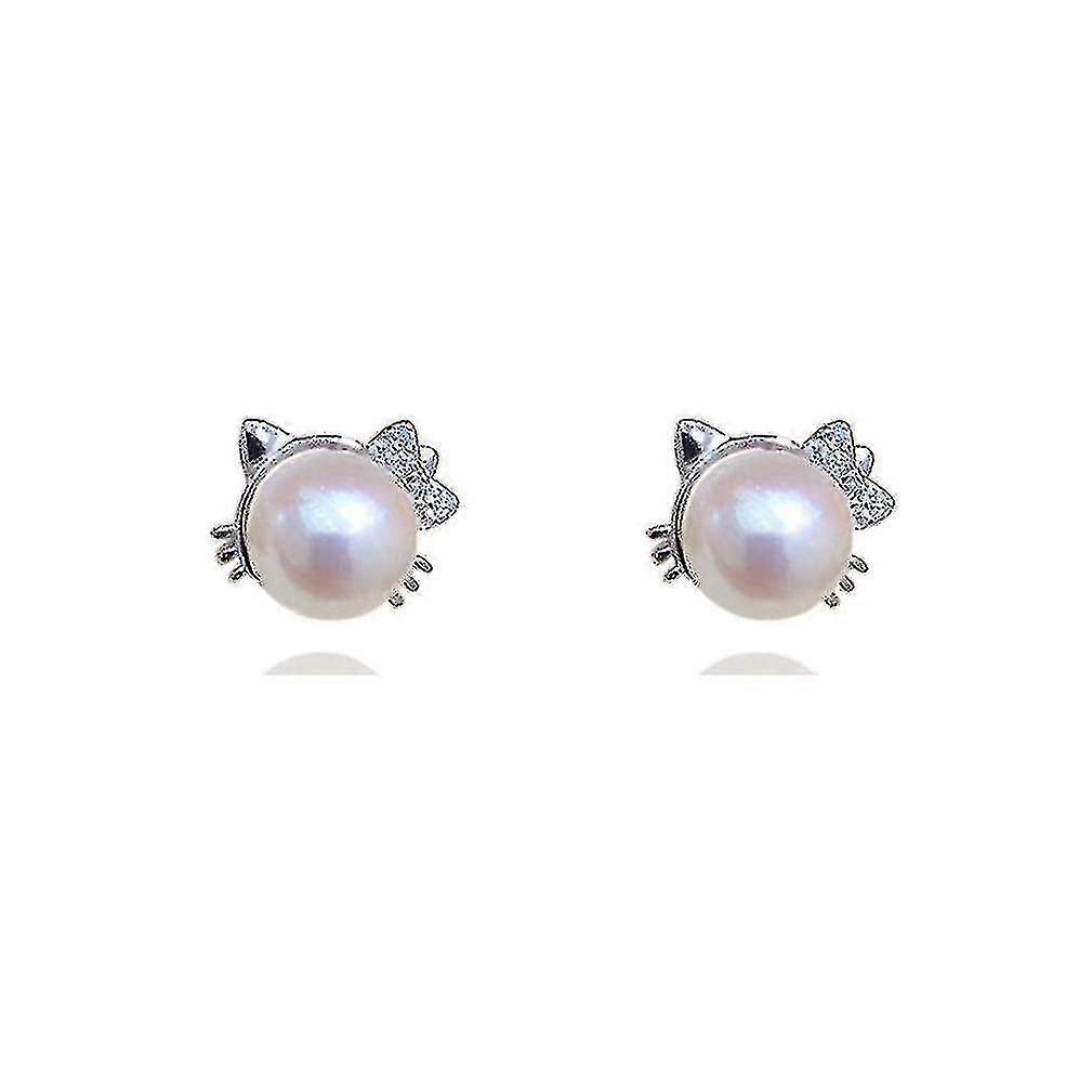 S925 Pendientes de gato de plata Micro Pendientes naturales de perlas