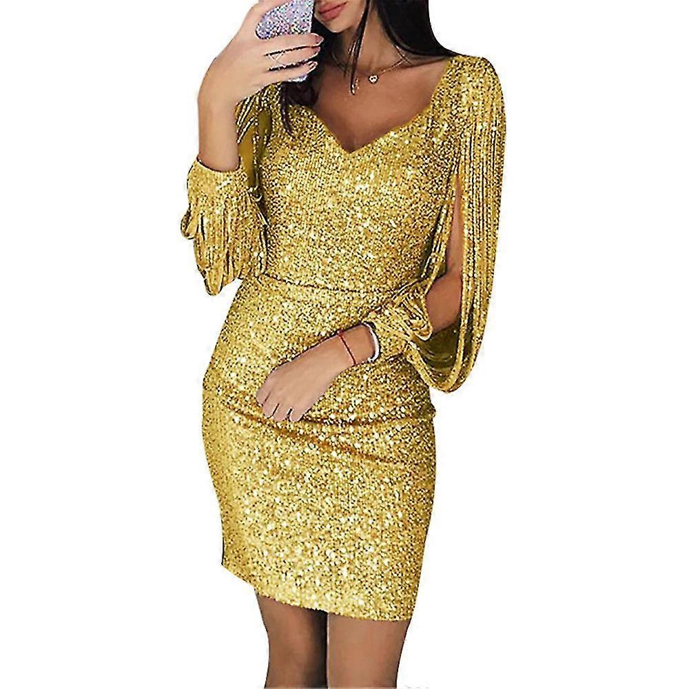 Femmes Sequin Tassel Manches Mini Robe Plain V Col Slim Fit Robes Courtes Plus Taille