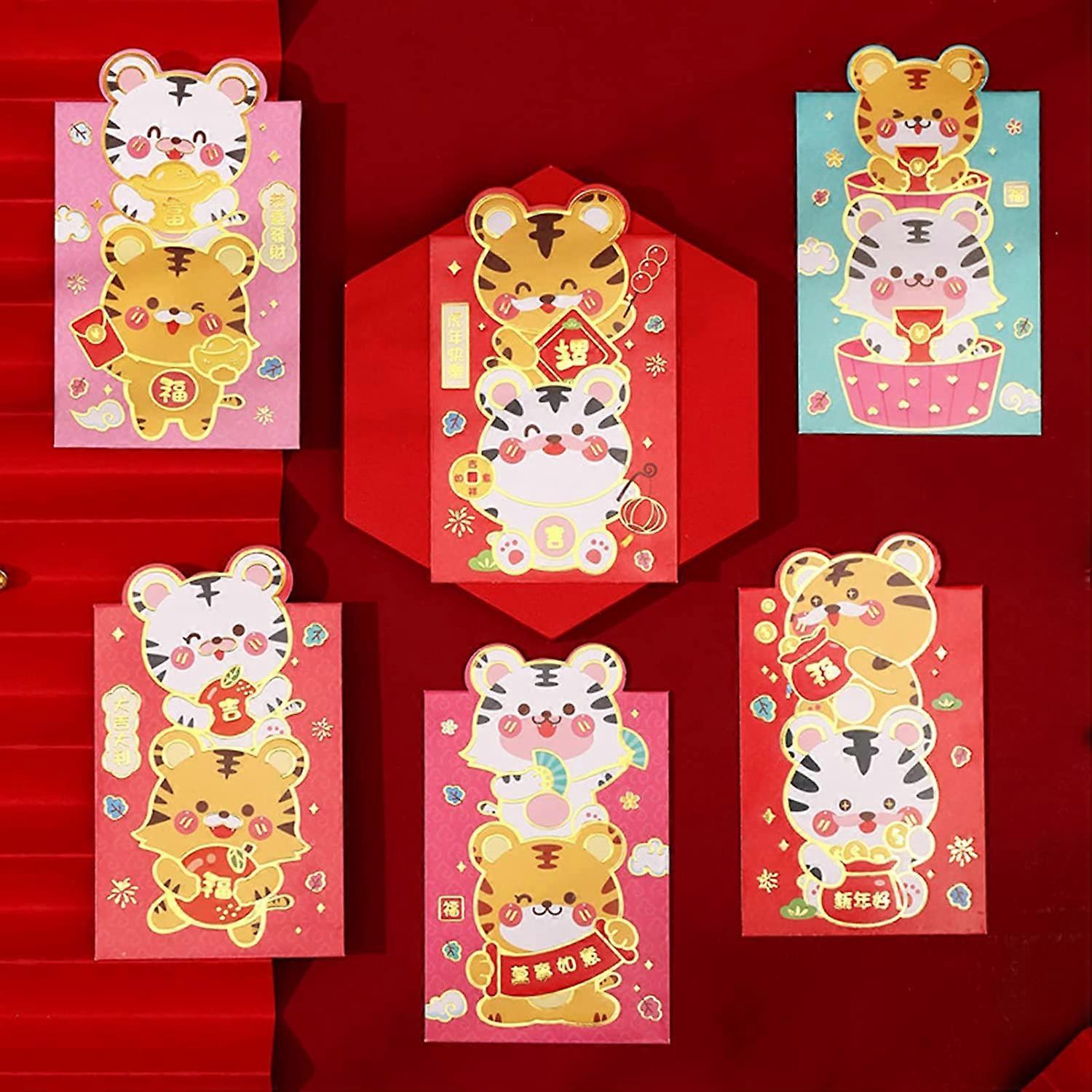 Chinese Red Envelopes hongbao 6Pcs Lucky Money Envelopes, Red Pocket Cartoon Tiger Pattern Pocket Envelopes for New Year Wedding E Large