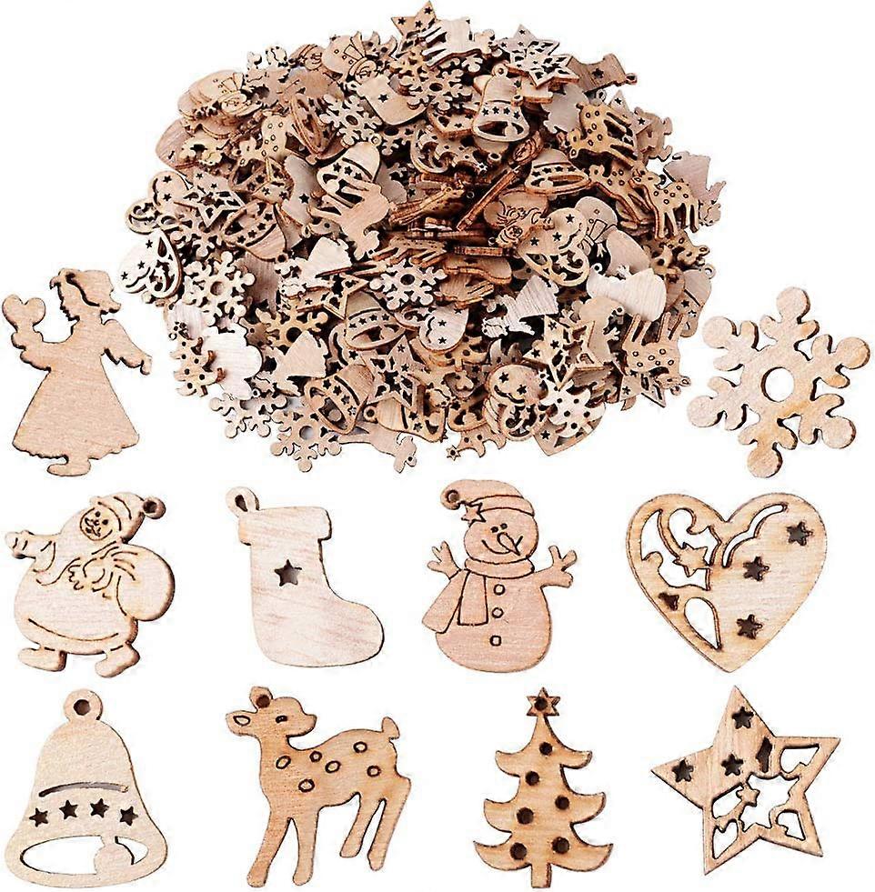 200pcs Natural Chiseled Wooden Slices Embellishments Christmas Tree Fir Party Wedding Sewing Craft DIY Decoration Manual Snowflake Stars Scrapbooking