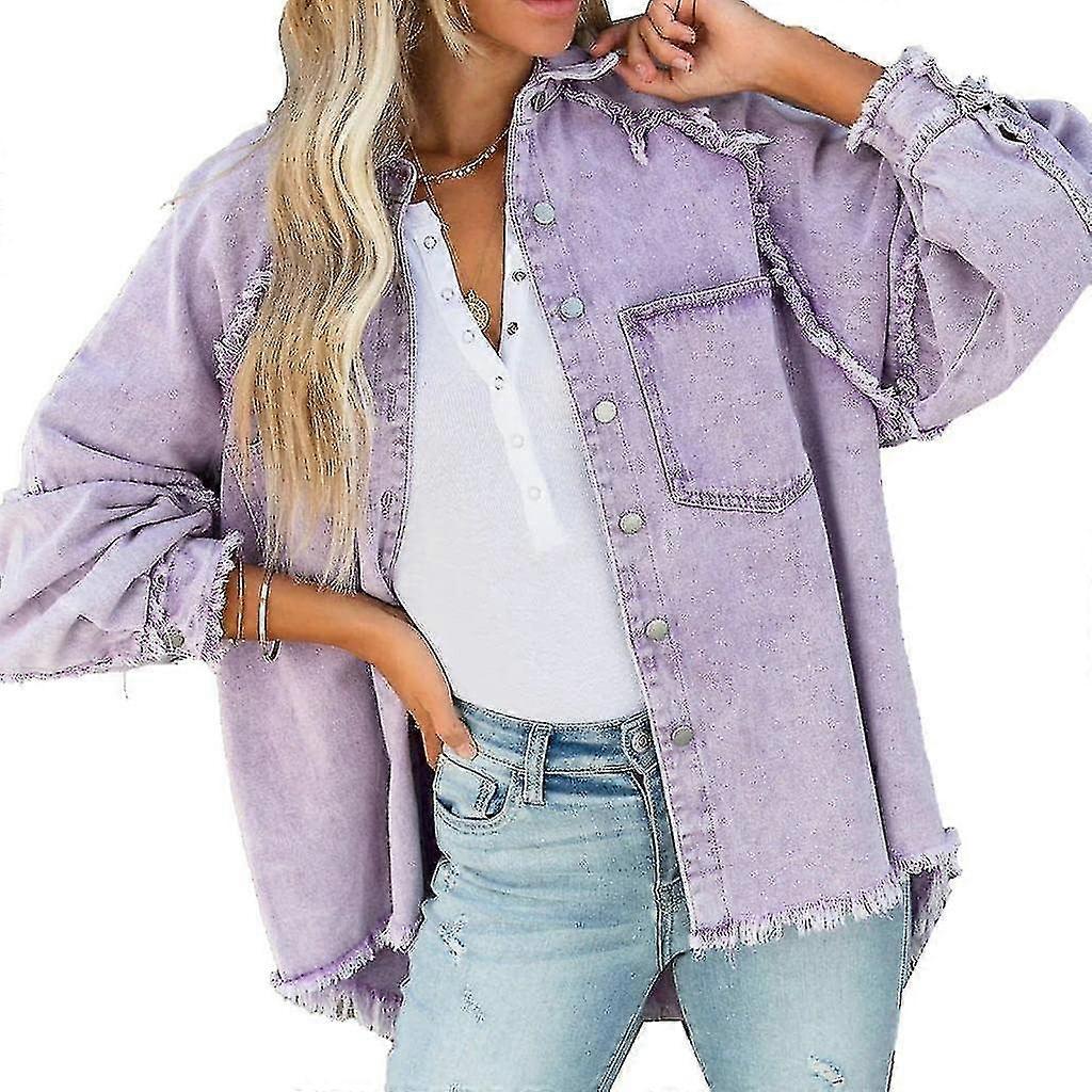 Frauen Causal Denim Jean Jacke Oversized Langarm Distressed Zerrissene Fransen Jacke Shacket Mantel mit Taschen