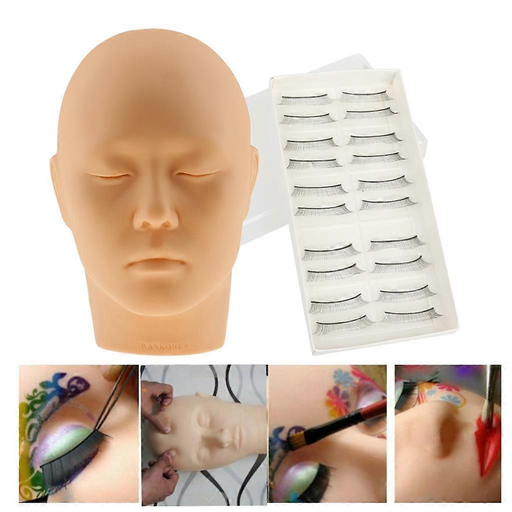Soft Silicone Massage Practice Training Mannequin Head + 10 Pairs False Eyelash