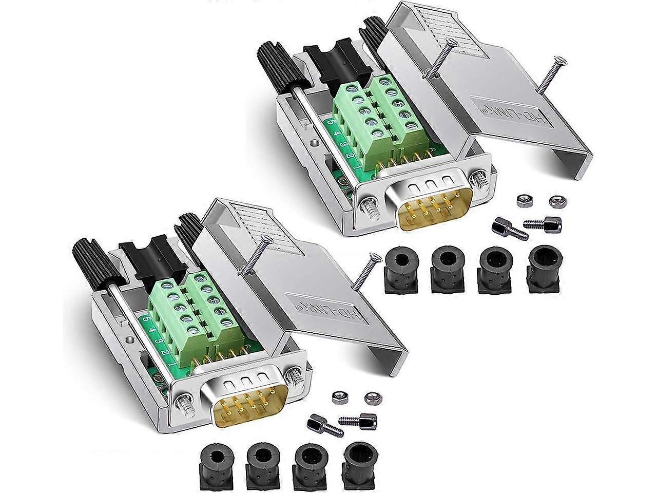 2PCS DB9 Breakout Connector, Solderfree Metal Shell RS232 D-SUB Serial to 9-Pin Port Terminal Male Adapter Connector Breakout Board with Case