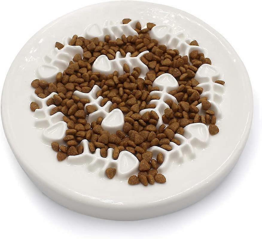 Slow Feeder Cat Bowl,Cat Puzzle Feeder Ceramic Dish with Fish Bone Design,Fun Interactive Slow Down The Eating Speed of Pets,Against Bloat,Indigestion