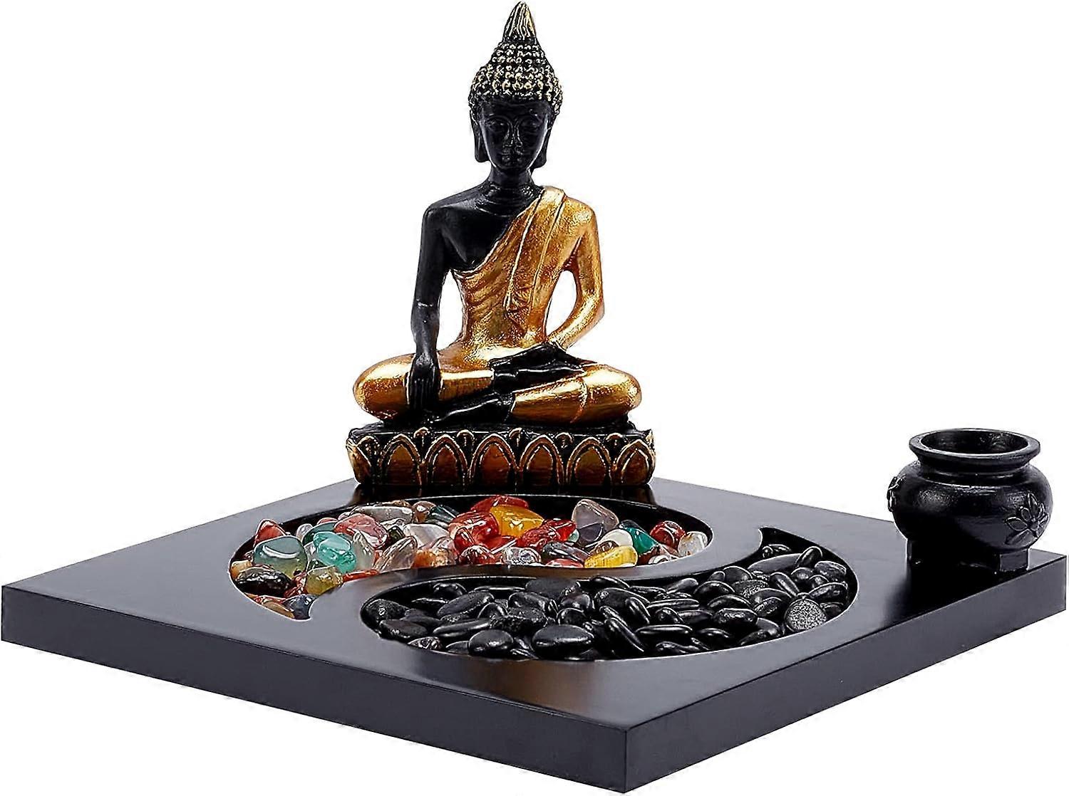 Mini Zen Kit Japanese Zen Sand Garden Yin Yang Feng Shui Zen Sandbox Ornament with Stones for Meditation Gifts Home Office Decor