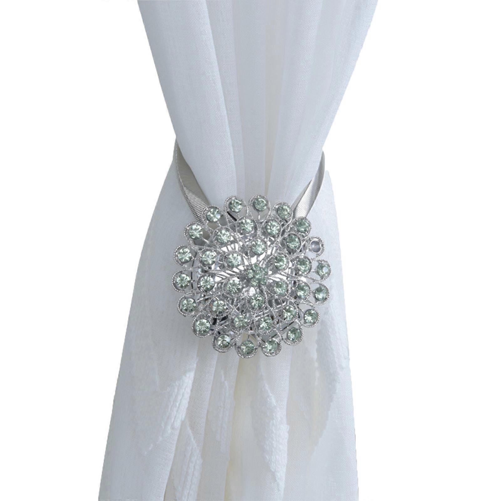 Magnetic Window Curtian Hooks Tiebacks for Rhinestone Peacock Flower Buckle Clips with Stretchy Wire Rope Metal Spring Light Green