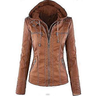 Femmes Moto Capuche Pu Biker Veste Manteau Vêtements d’extérieur XL Marron