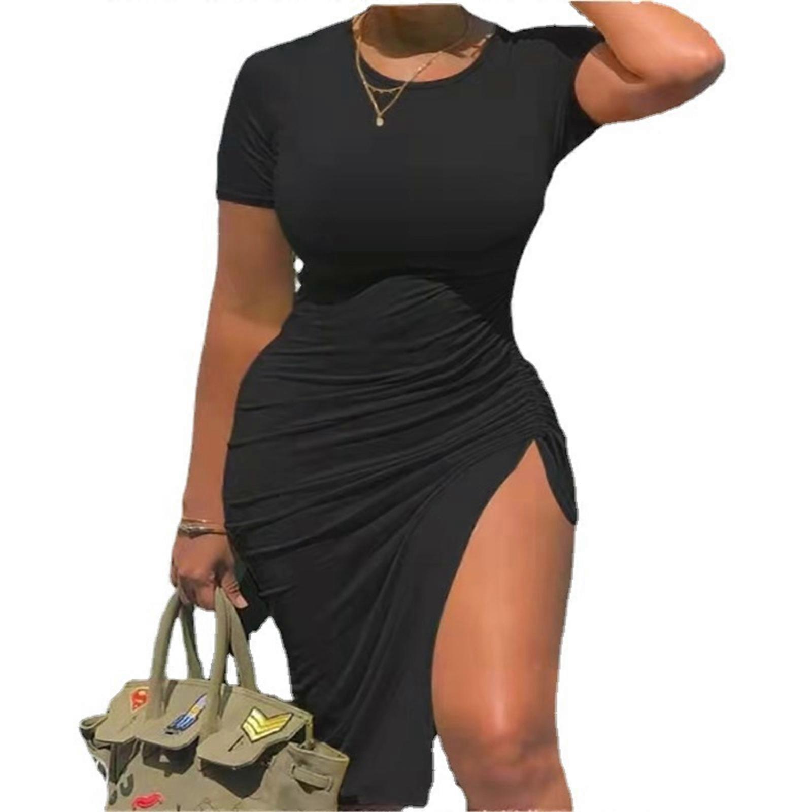 Womens Fashion Dresses Short Sleeve O-Neck A-Line Long Club Dress Ruffle  Flowy Slim Fit Dress Fashion Sexy Tunics Dress Black XXL