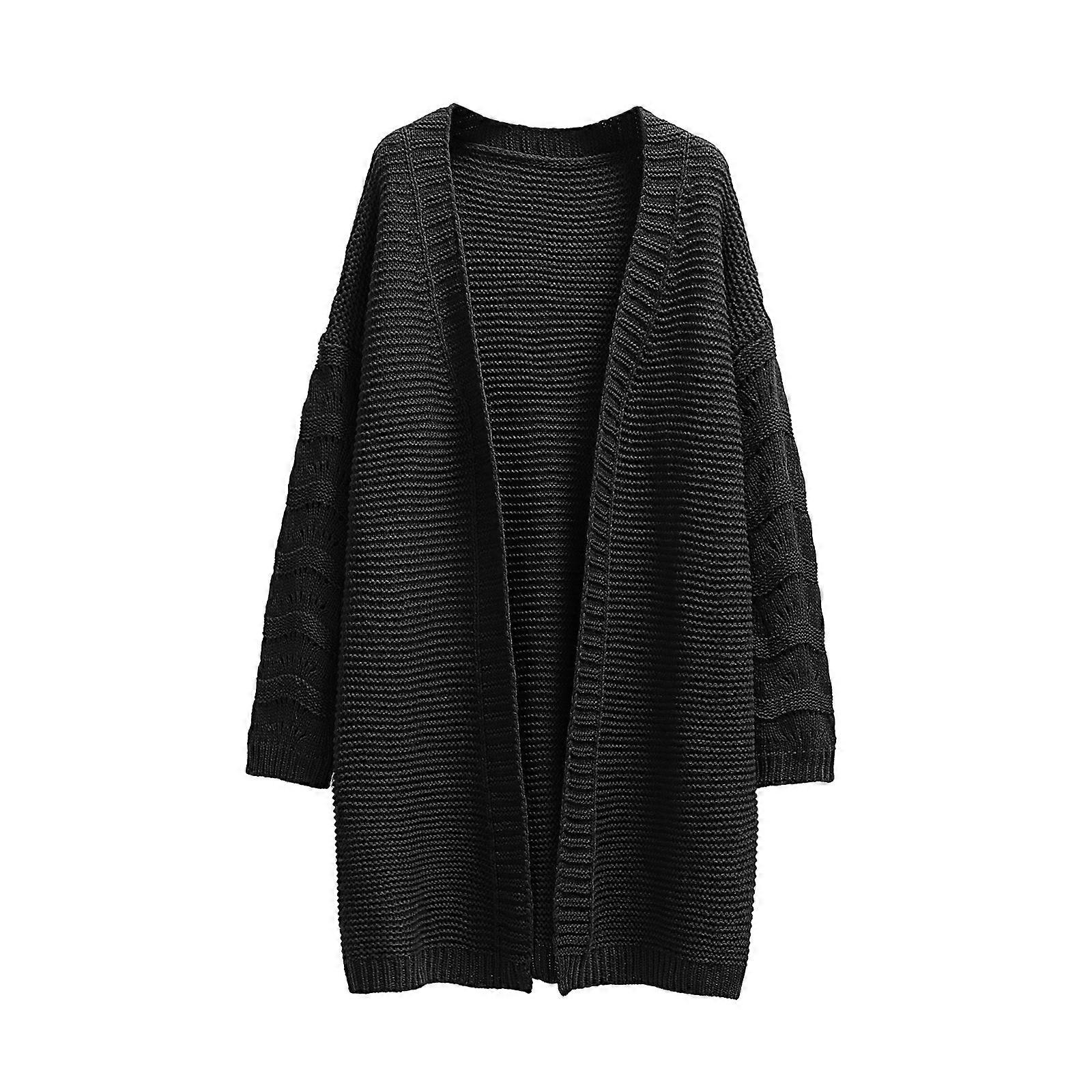 Womens Fall Solid Color Drape Cardigan Long Sleeve Open Front Casual Loose Oversized Chunky Knit Sweaters Coat Outwear  Black L
